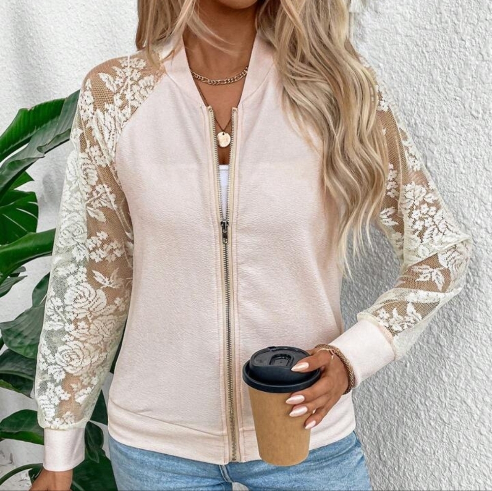 Women Floral Patchwork Mesh Insert Baggy Baseball Jacket - Picture 5 of 5